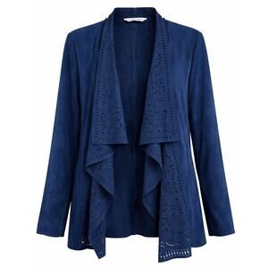 Allison Daley Navy Faux Suede Drape Front Jacket Laser Cut Open Cardigan - Large